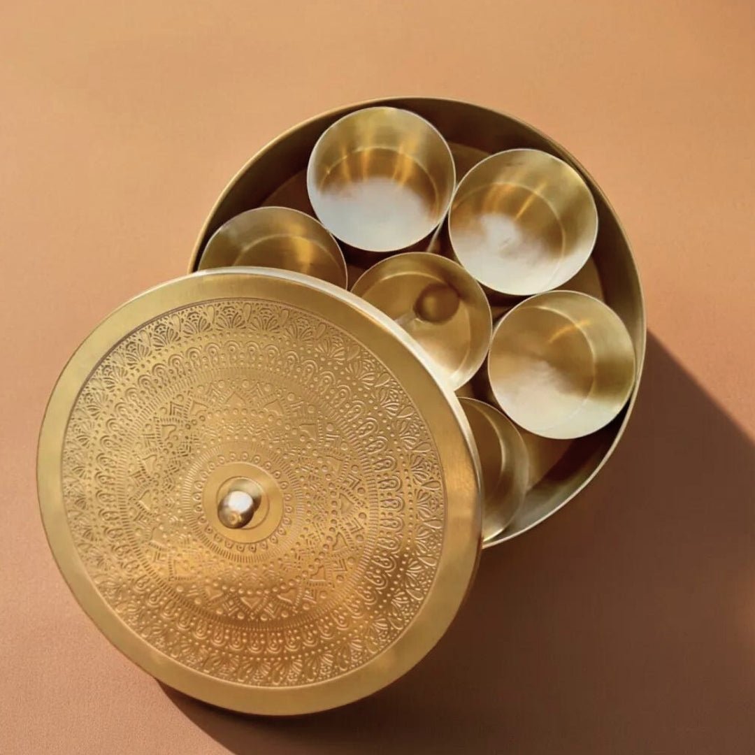 Pure Brass kitchen masala box | Traditional Engraved designed kitchenware
