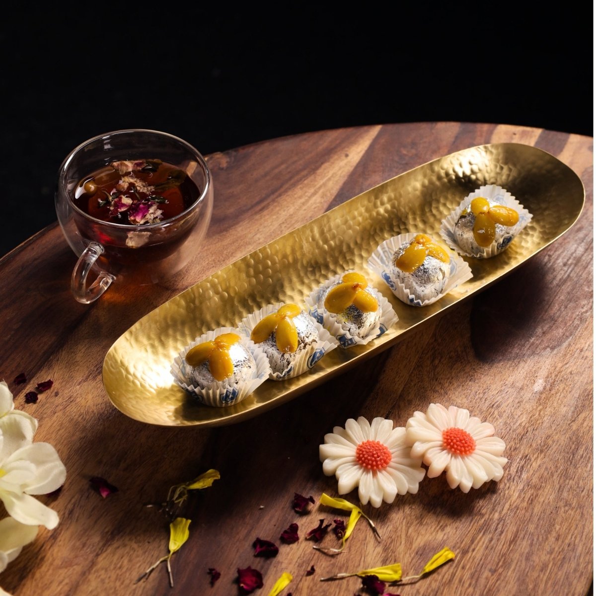 Handcrafted Pure Brass Serving Tray Platter with traditional etching, ideal for kitchen and table, adding timeless Indian elegance.