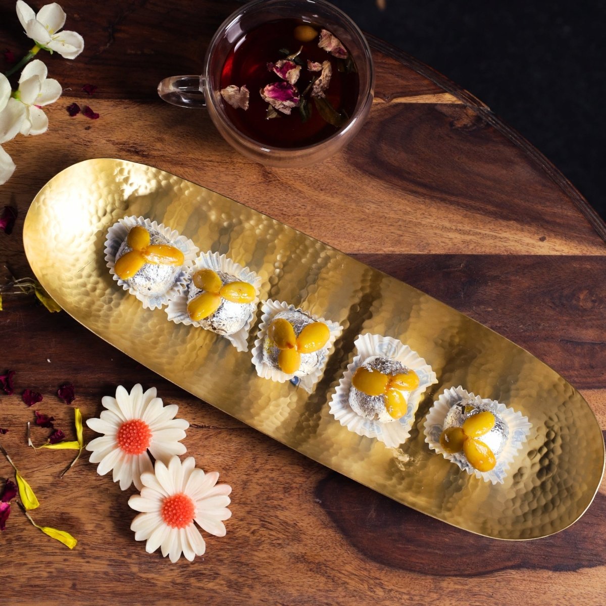 Handcrafted Pure Brass Serving Tray Platter with traditional etching, ideal for kitchen and table, adding timeless Indian elegance.