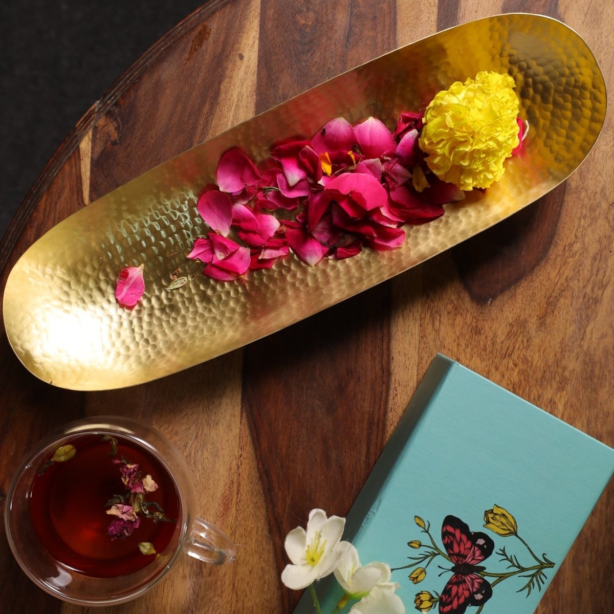 Handcrafted Pure Brass Serving Tray Platter with traditional etching, ideal for kitchen and table, adding timeless Indian elegance.