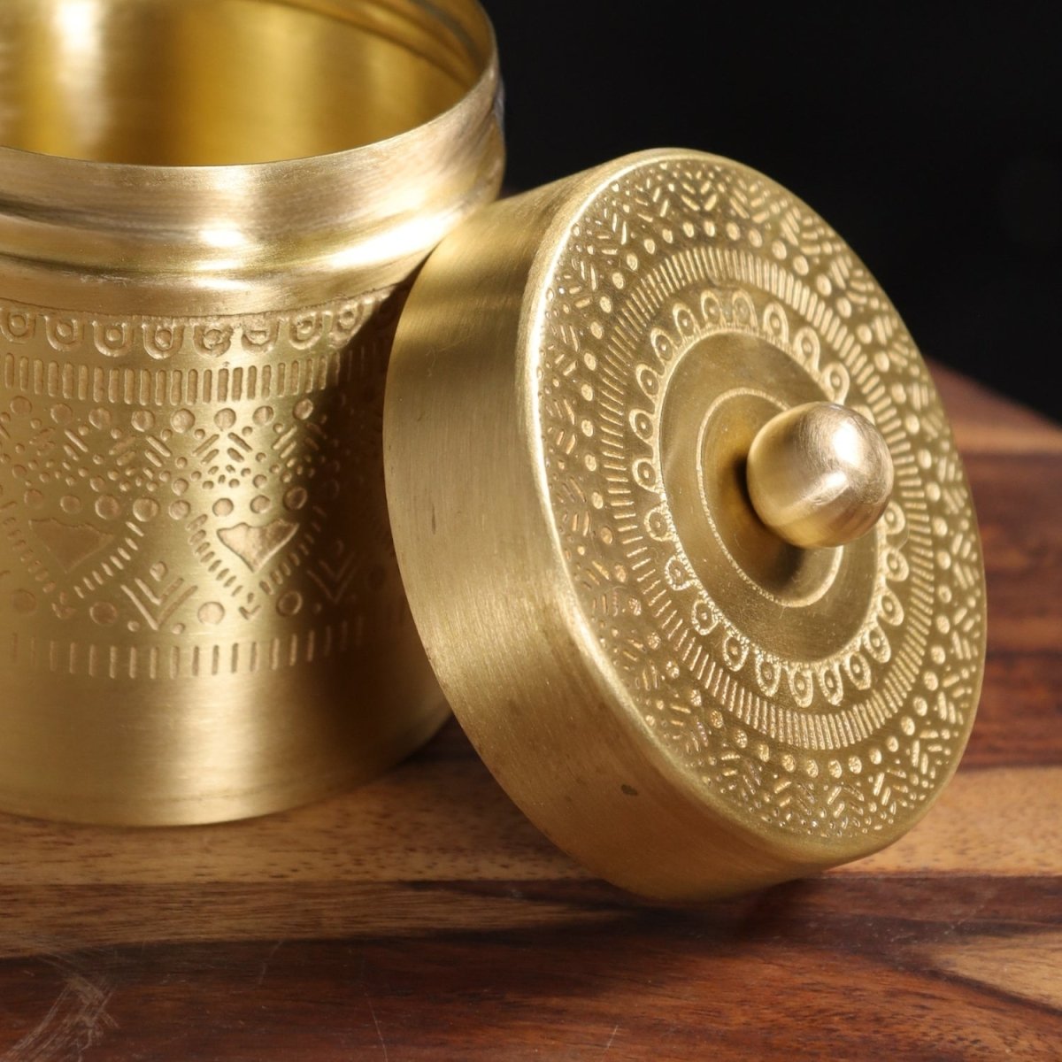 Handcrafted pure brass storage jar with traditional etching, ideal for kitchen storage, adding timeless Indian elegance.