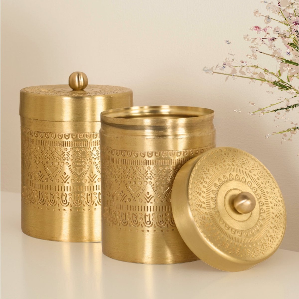 Handcrafted pure brass storage jar with traditional etching, ideal for kitchen storage, adding timeless Indian elegance.