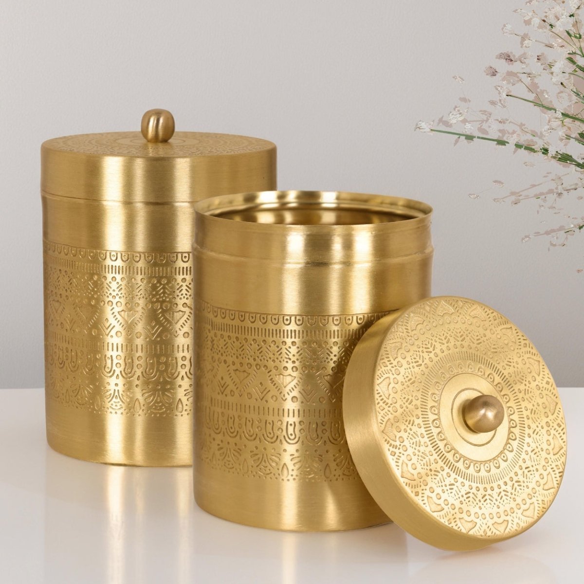 Handcrafted pure brass storage jar with traditional etching, ideal for kitchen storage, adding timeless Indian elegance.