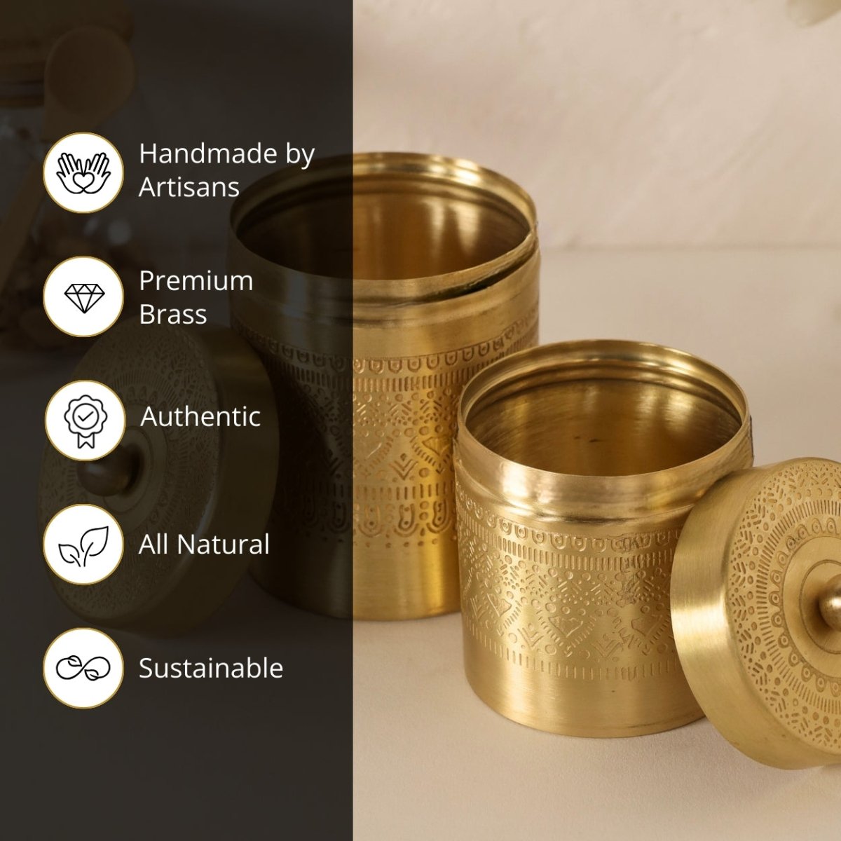 Handcrafted pure brass storage jar with traditional etching, ideal for kitchen storage, adding timeless Indian elegance.