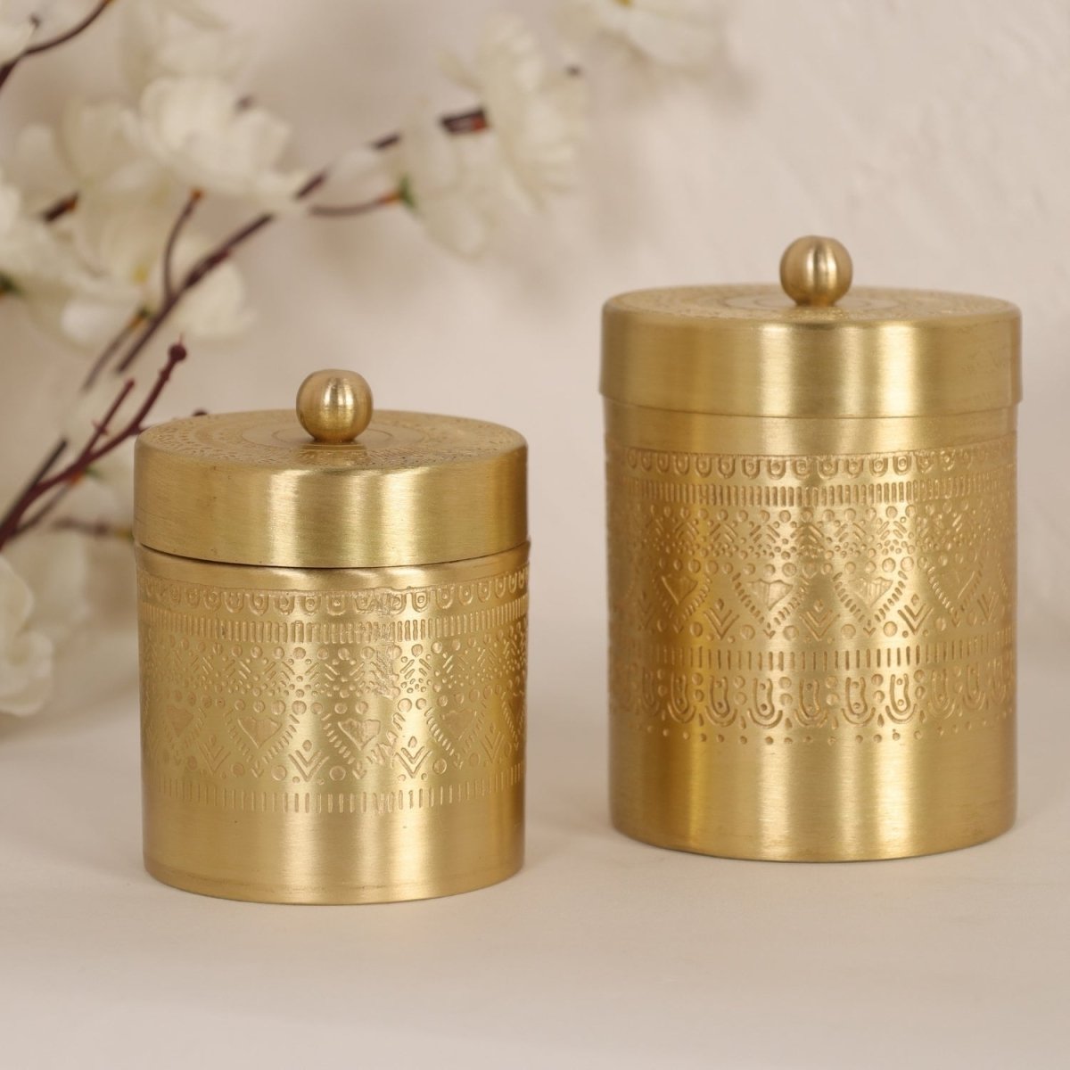 Handcrafted pure brass storage jar with traditional etching, ideal for kitchen storage, adding timeless Indian elegance.