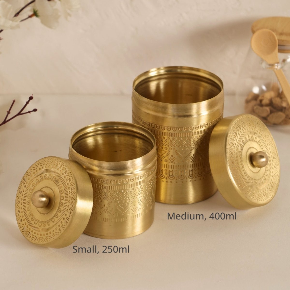 Handcrafted pure brass storage jar with traditional etching, ideal for kitchen storage, adding timeless Indian elegance.