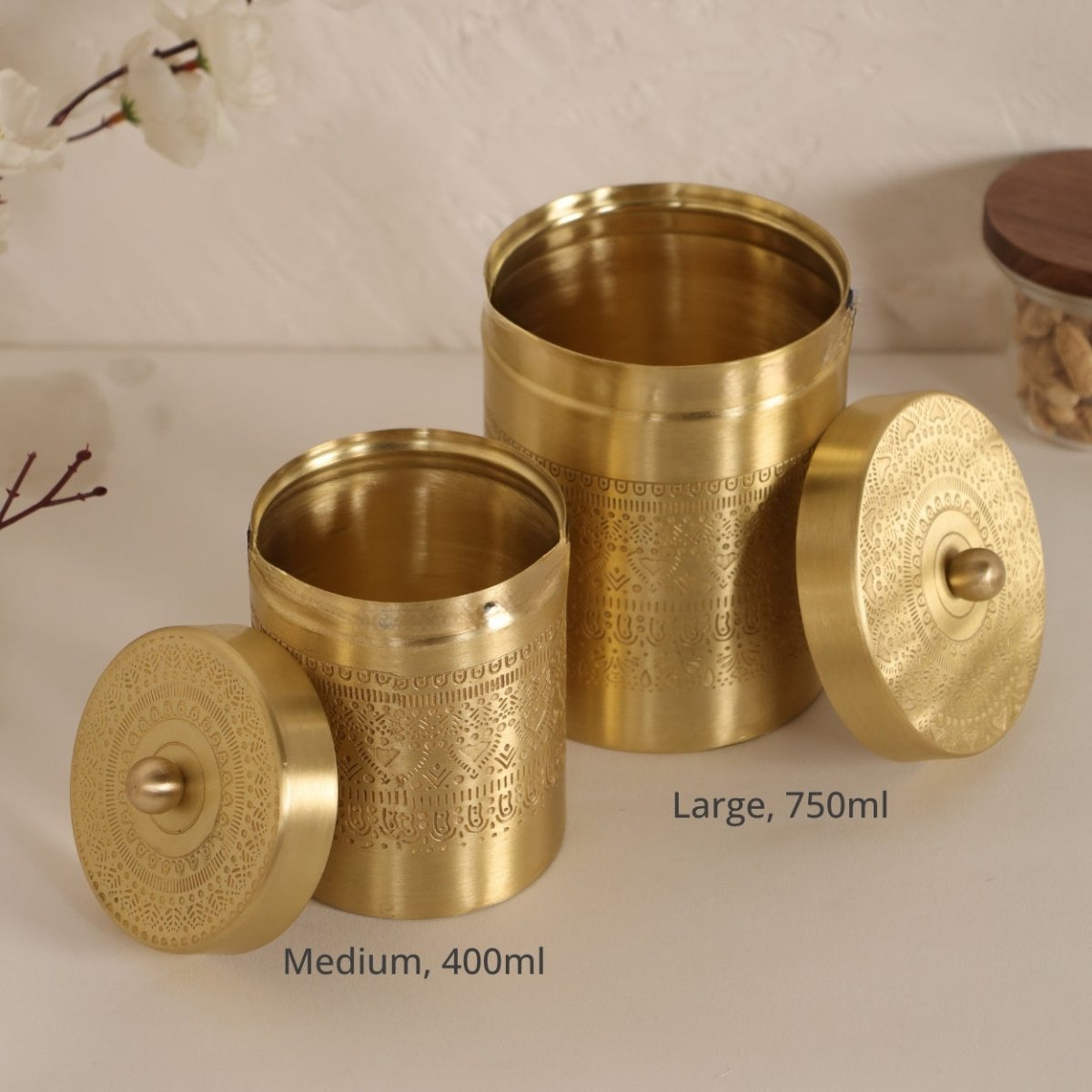 Handcrafted pure brass storage jar with traditional etching, ideal for kitchen storage, adding timeless Indian elegance.