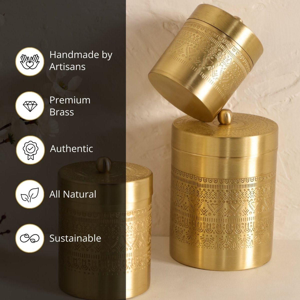 Handcrafted pure brass storage jar with traditional etching, ideal for kitchen storage, adding timeless Indian elegance.