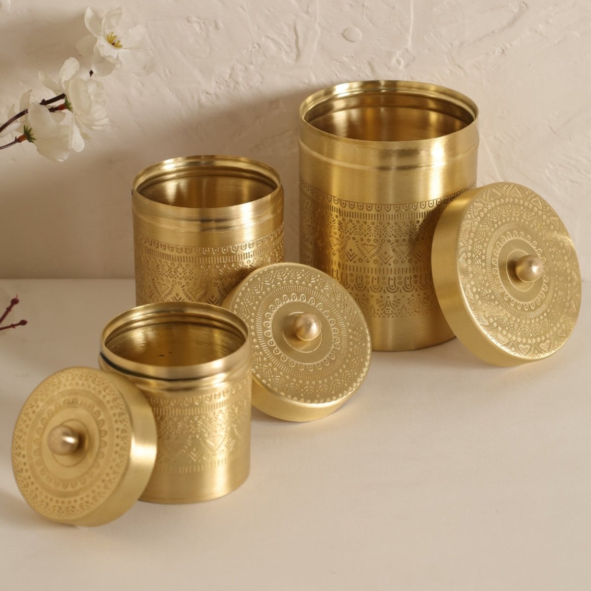 Handcrafted pure brass storage jar with traditional etching, ideal for kitchen storage, adding timeless Indian elegance.