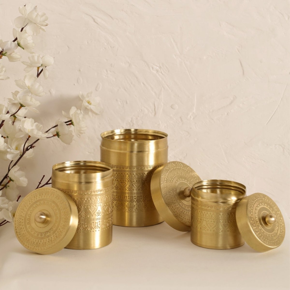 Handcrafted pure brass storage jar with traditional etching, ideal for kitchen storage, adding timeless Indian elegance.