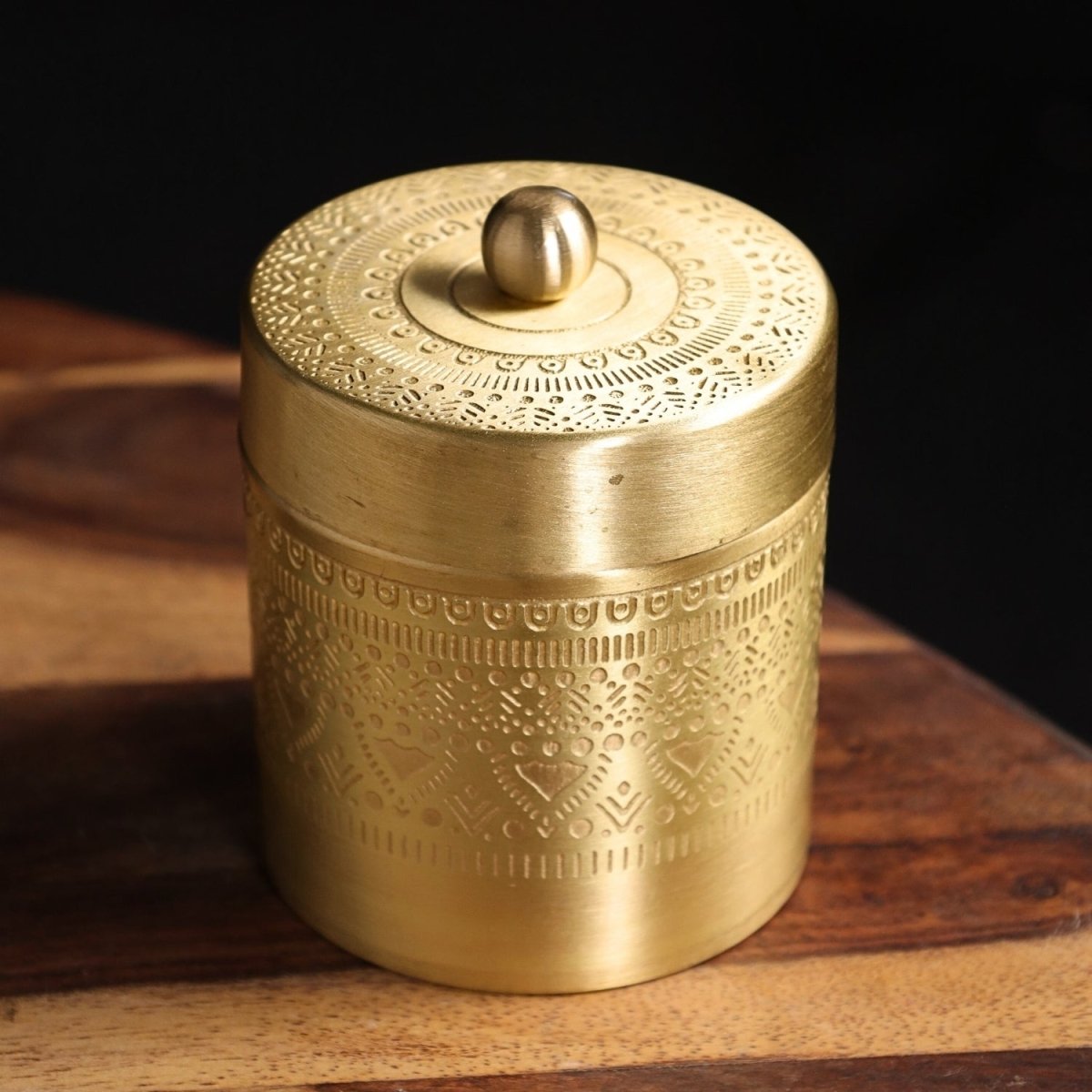 Handcrafted pure brass storage jar with traditional etching, ideal for kitchen storage, adding timeless Indian elegance.