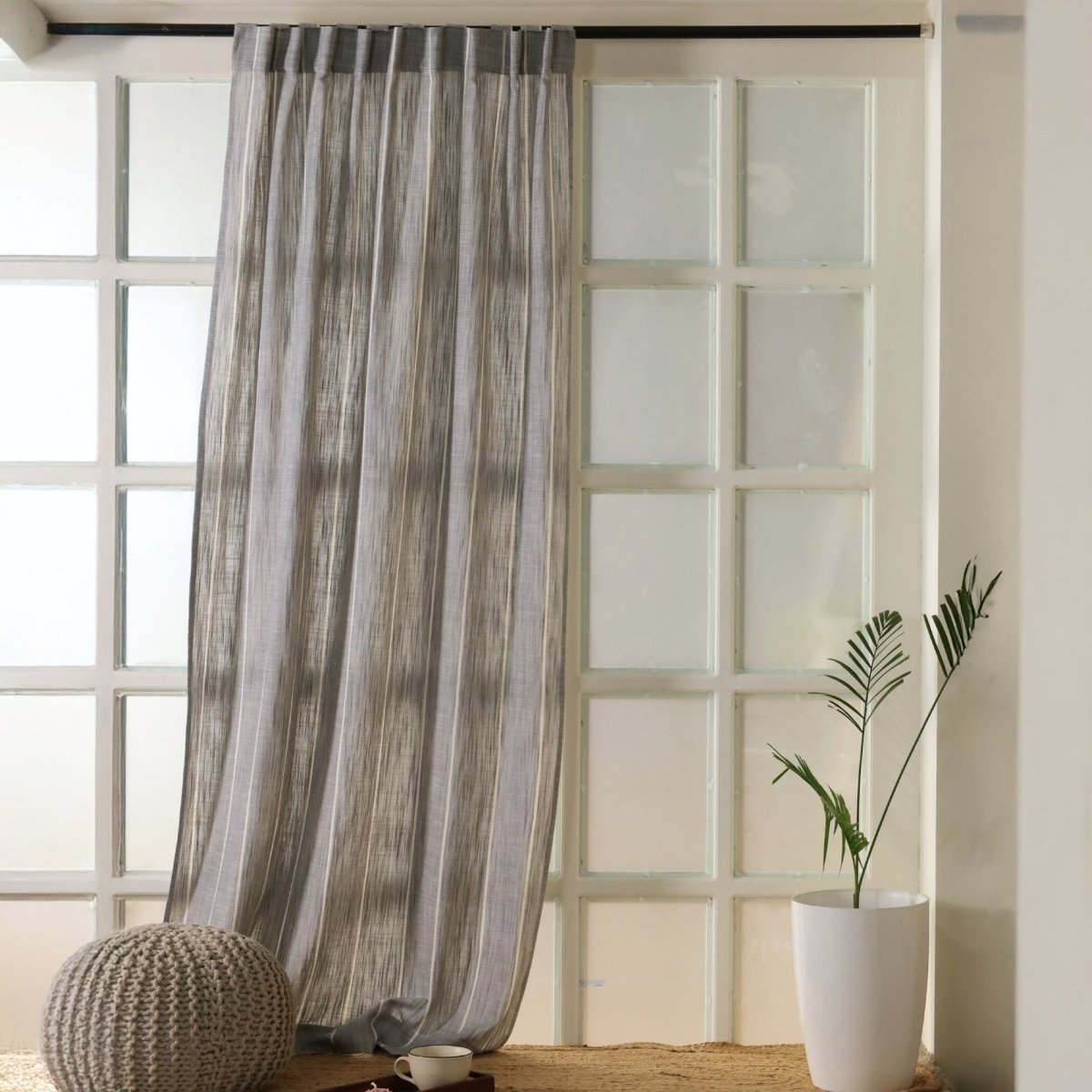 Cotton Curtain Handwoven in Charcoal colour and Striped Design