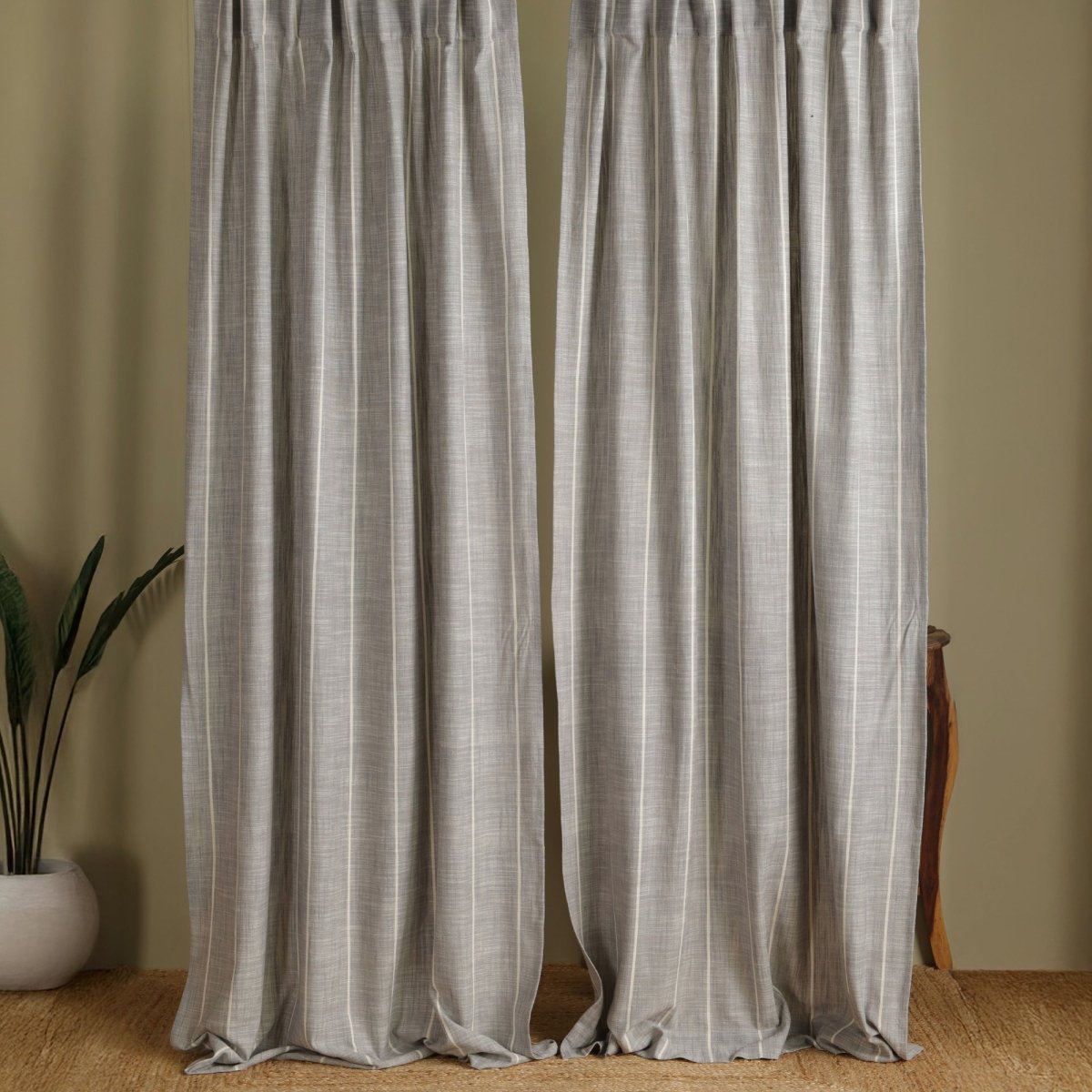 Cotton Curtain Handwoven in Charcoal colour and Striped Design