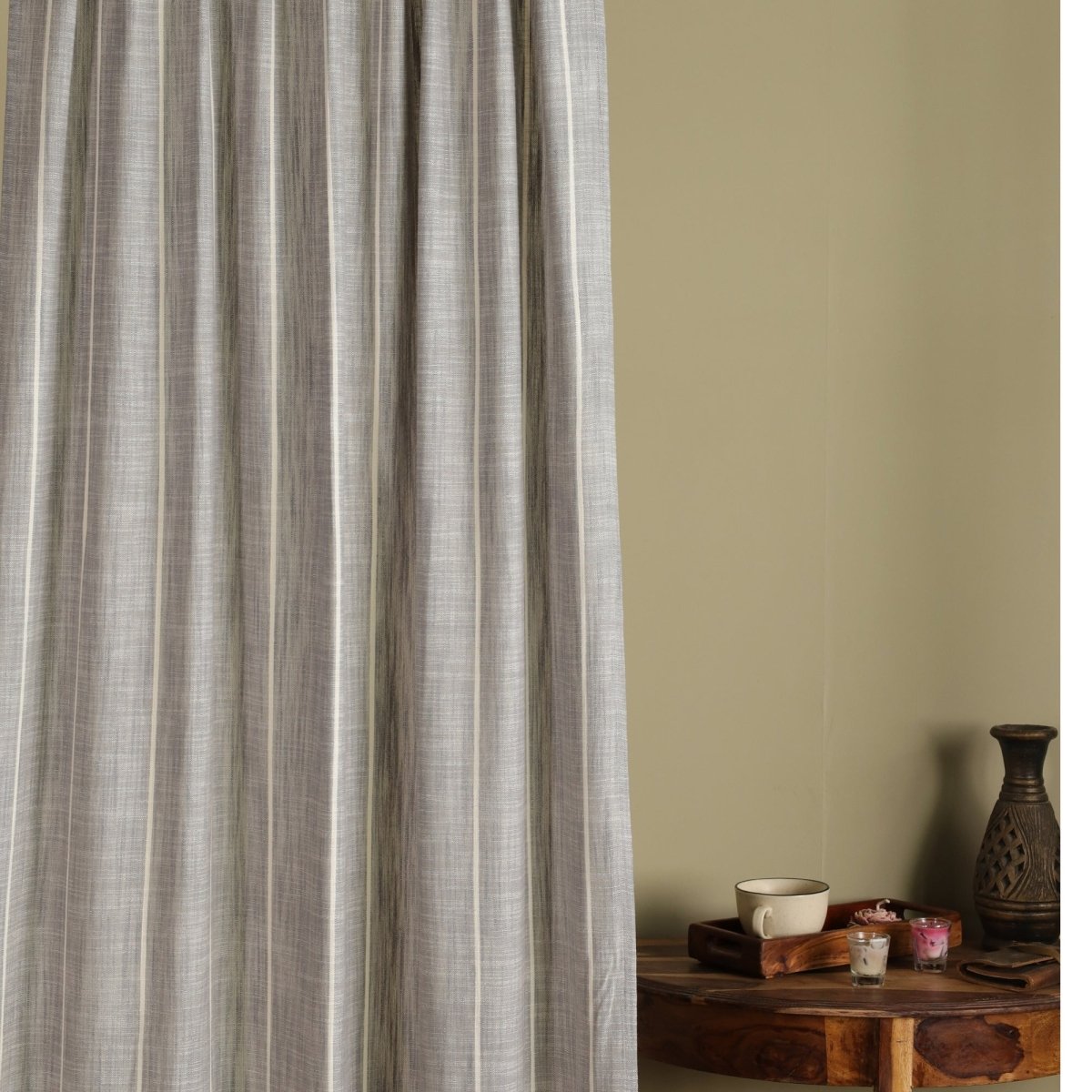 Cotton Curtain Handwoven in Charcoal colour and Striped Design