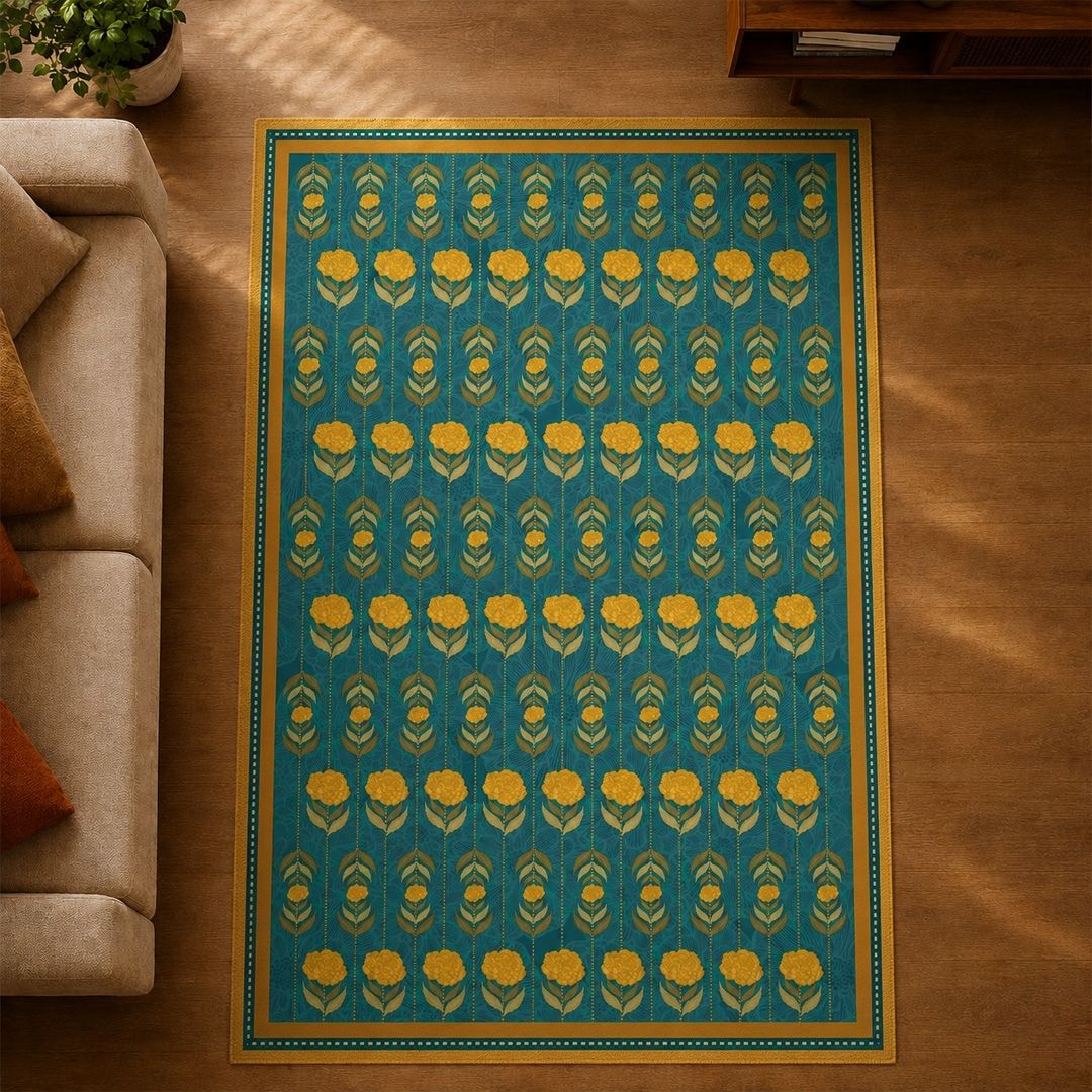 Chenille Rug in Blue and Yellow | Floral Marigold Blooms | Washable Area Rug with Anti-Skid Mat| Enchanted Forest Collection