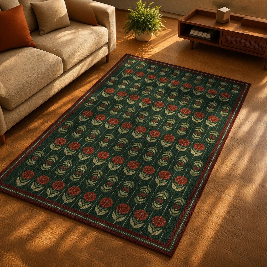 Chenille Rug in Dark Green and Red Floral Chrysanthemum Blooms | Washable Area Rug with Anti-Skid Mat| Enchanted Forest Collection