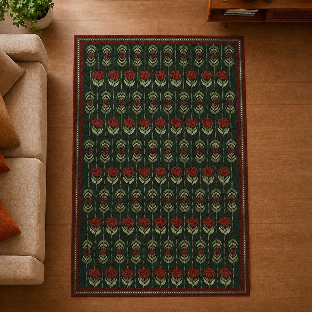 Chenille Rug in Dark Green and Red Floral Chrysanthemum Blooms | Washable Area Rug with Anti-Skid Mat| Enchanted Forest Collection