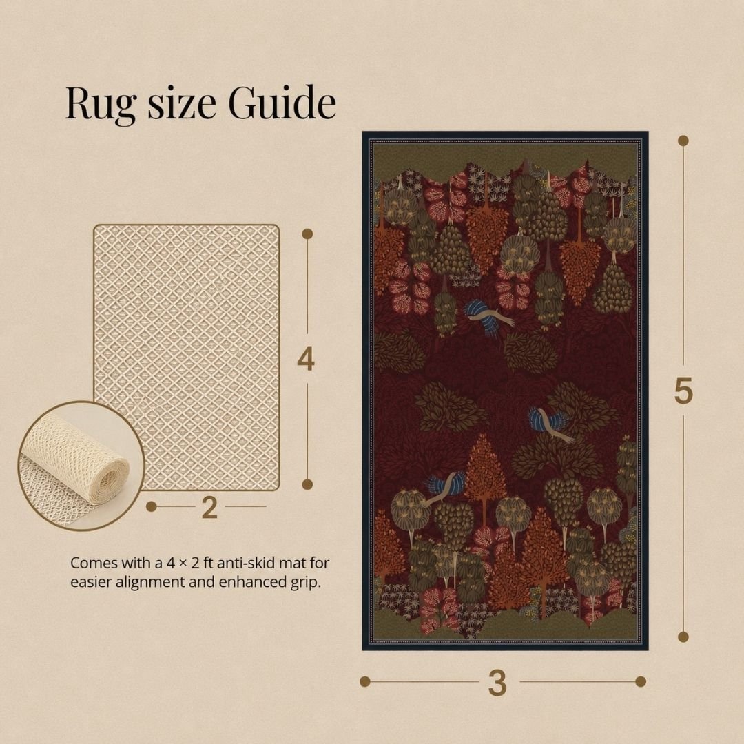 Chenille Rug in Maroon Rust and Green | Gond Art Inspired | Washable Area Rug with Anti-Skid Mat | Enchanted Forest Collection