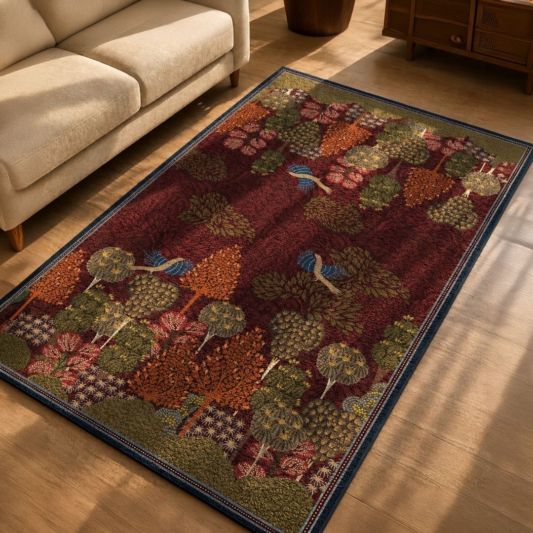 Chenille Rug in Maroon Rust and Green | Gond Art Inspired | Washable Area Rug with Anti-Skid Mat | Enchanted Forest Collection