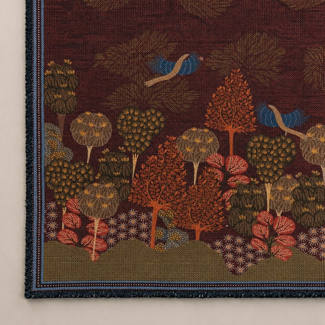 Chenille Rug in Maroon Rust and Green | Gond Art Inspired | Washable Area Rug with Anti-Skid Mat | Enchanted Forest Collection