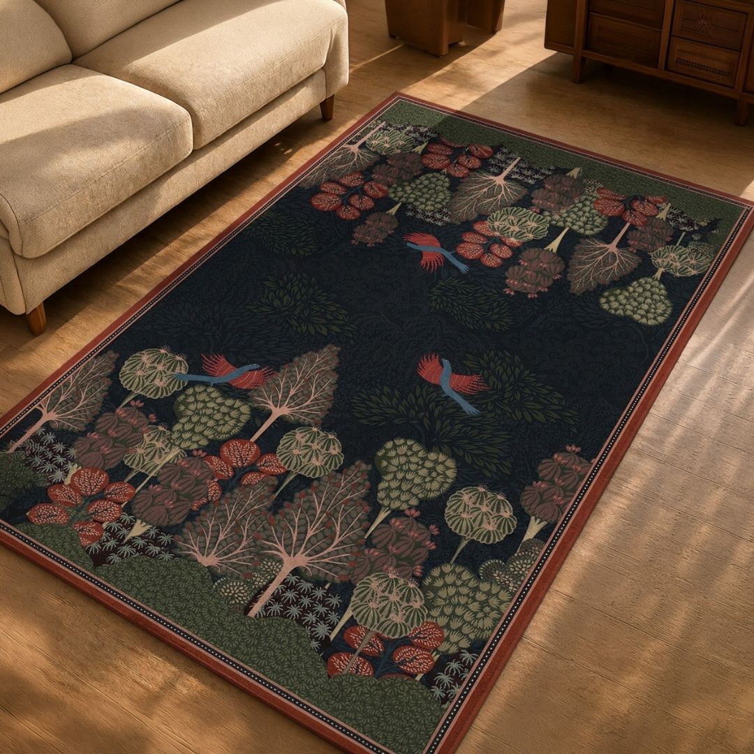 Chenille Rug in Midnight Blue and Green for Living Room or Bedroom | Gond Art Inspired | Washable Area Rug with Anti Skid Mat | Enchanted Forest Collection