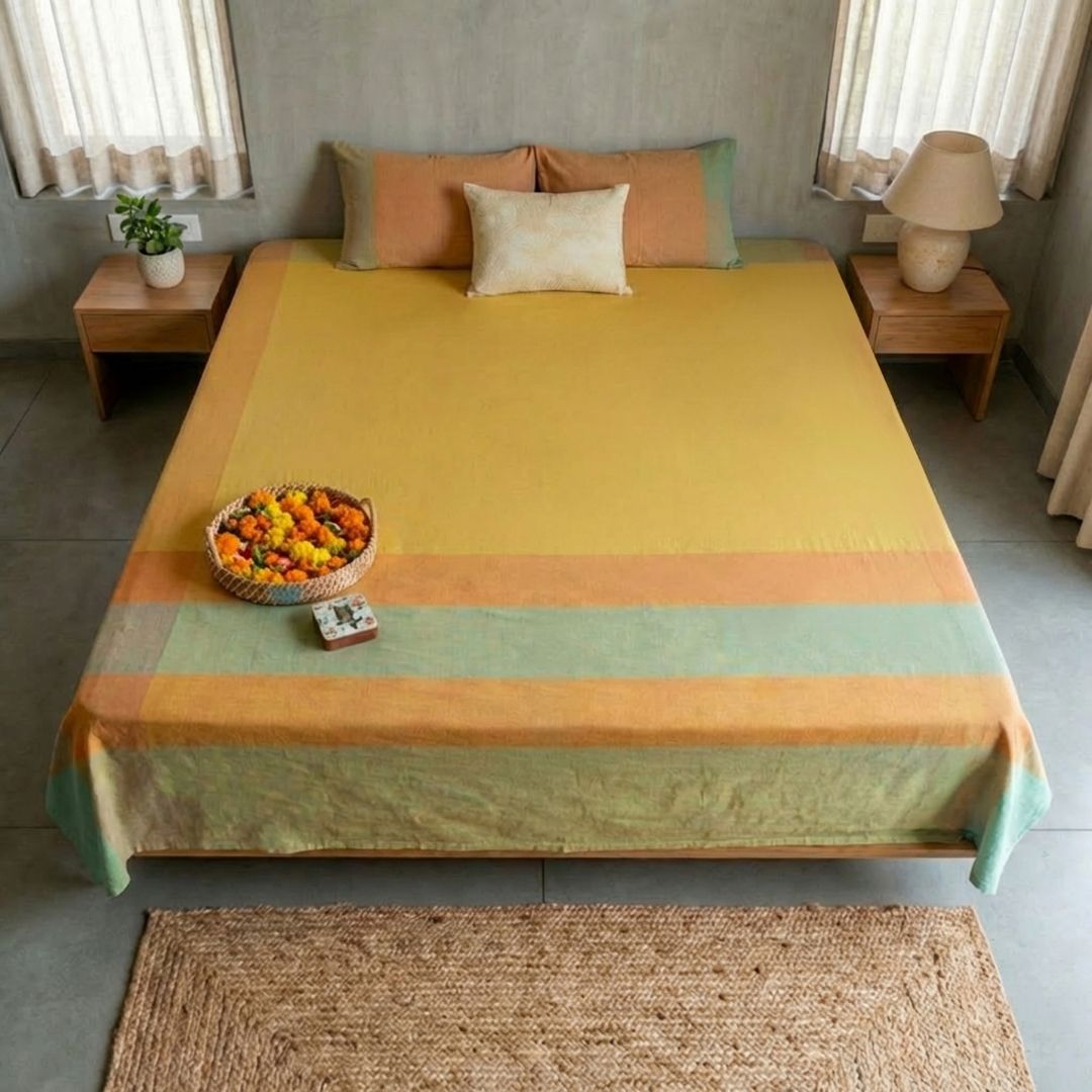 Citrine Yellow and Green Pure Cotton Bedcover | Single and Queen | Handprinted