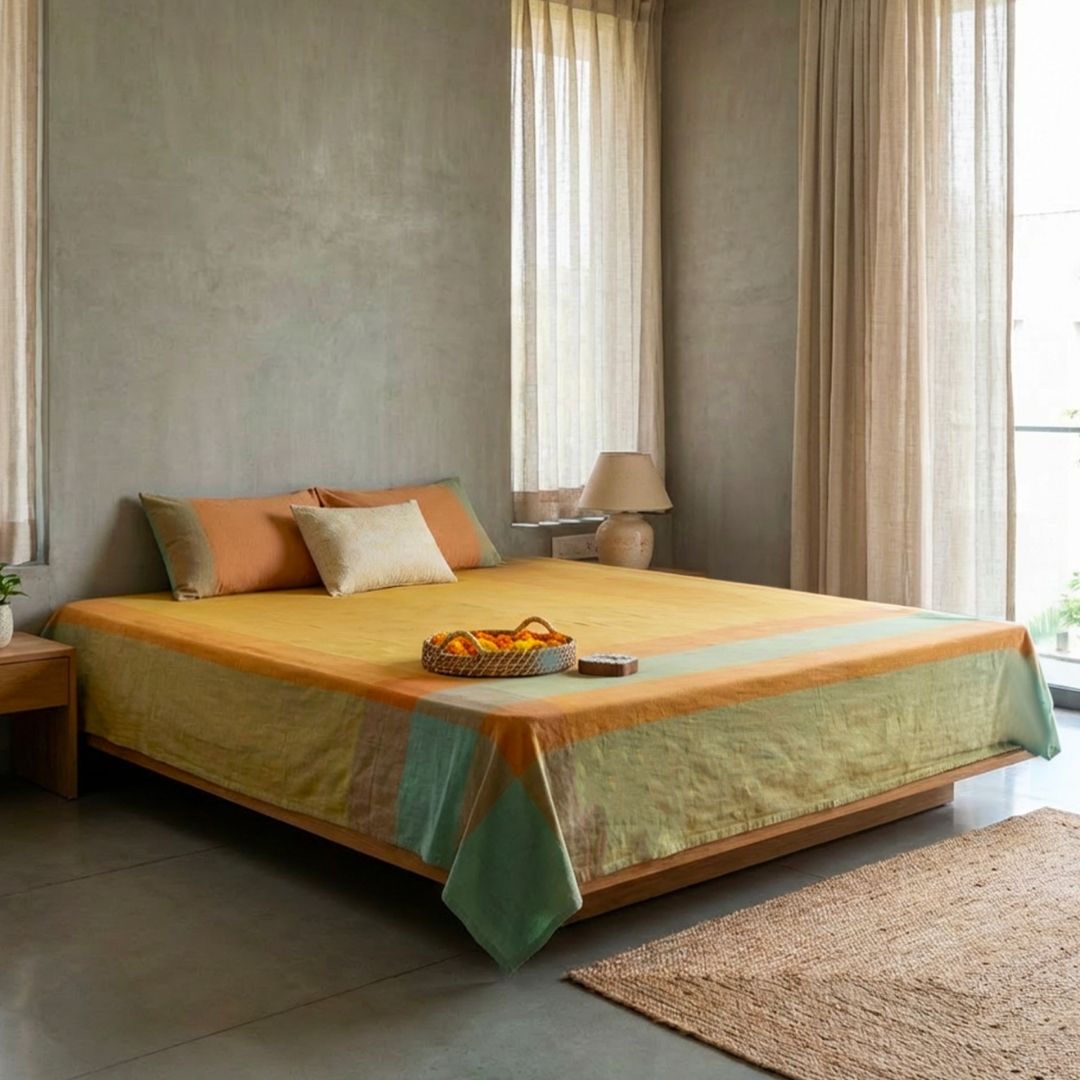 Citrine Yellow and Green Pure Cotton Bedcover | Single and Queen | Handprinted