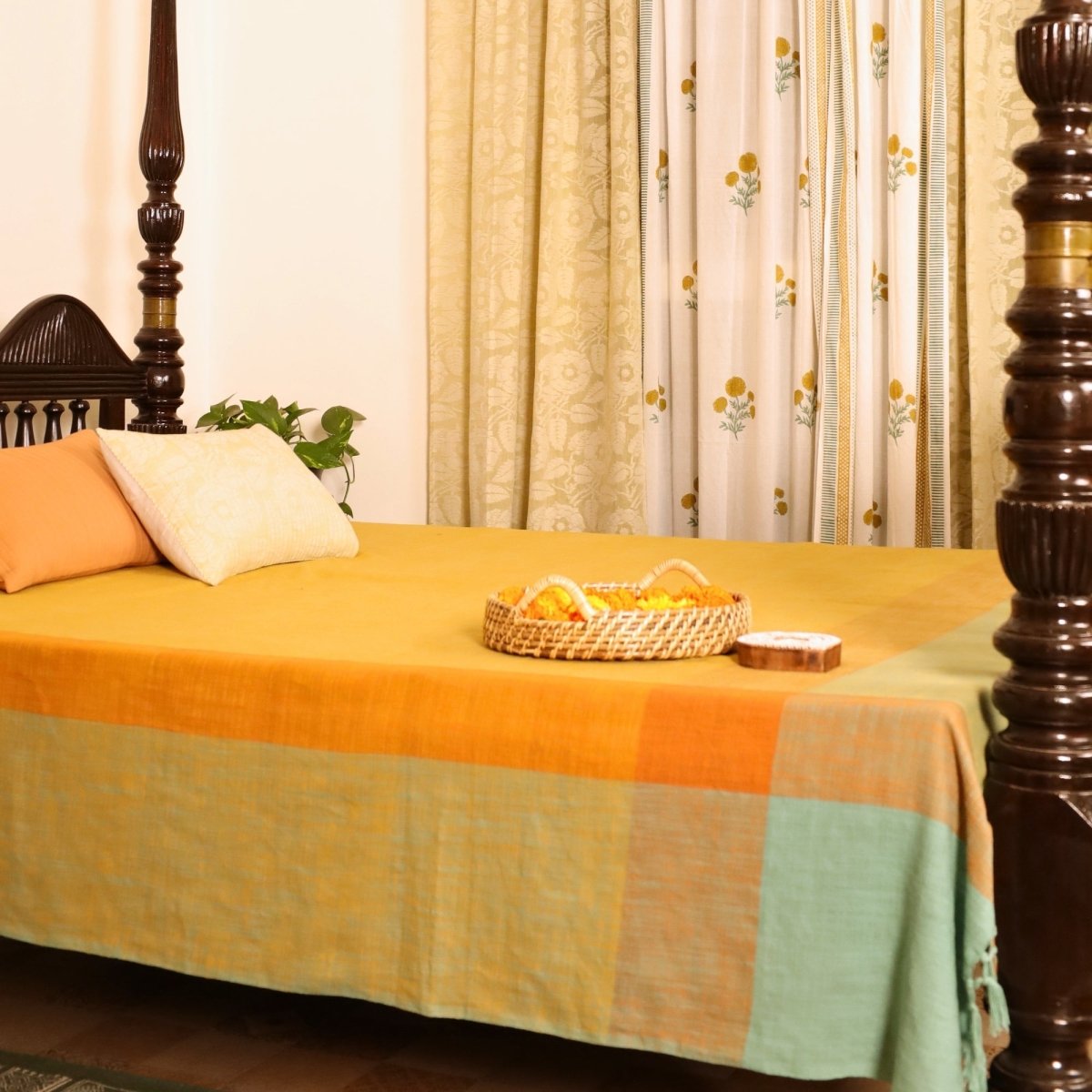 Citrine Yellow and Green Pure Cotton Bedcover | Single and Queen | Handprinted