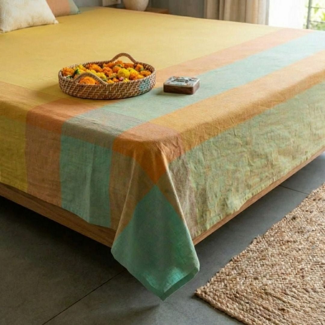 Citrine Yellow and Green Pure Cotton Bedcover | Single and Queen | Handprinted
