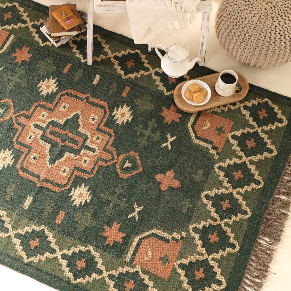 Green and Peach Cotton Block Printed Living Room Rugs. Best as bedroom rug as well.