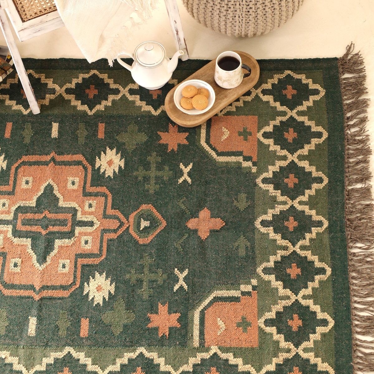 Green and Peach Cotton Block Printed Living Room Rugs. Best as bedroom rug as well.