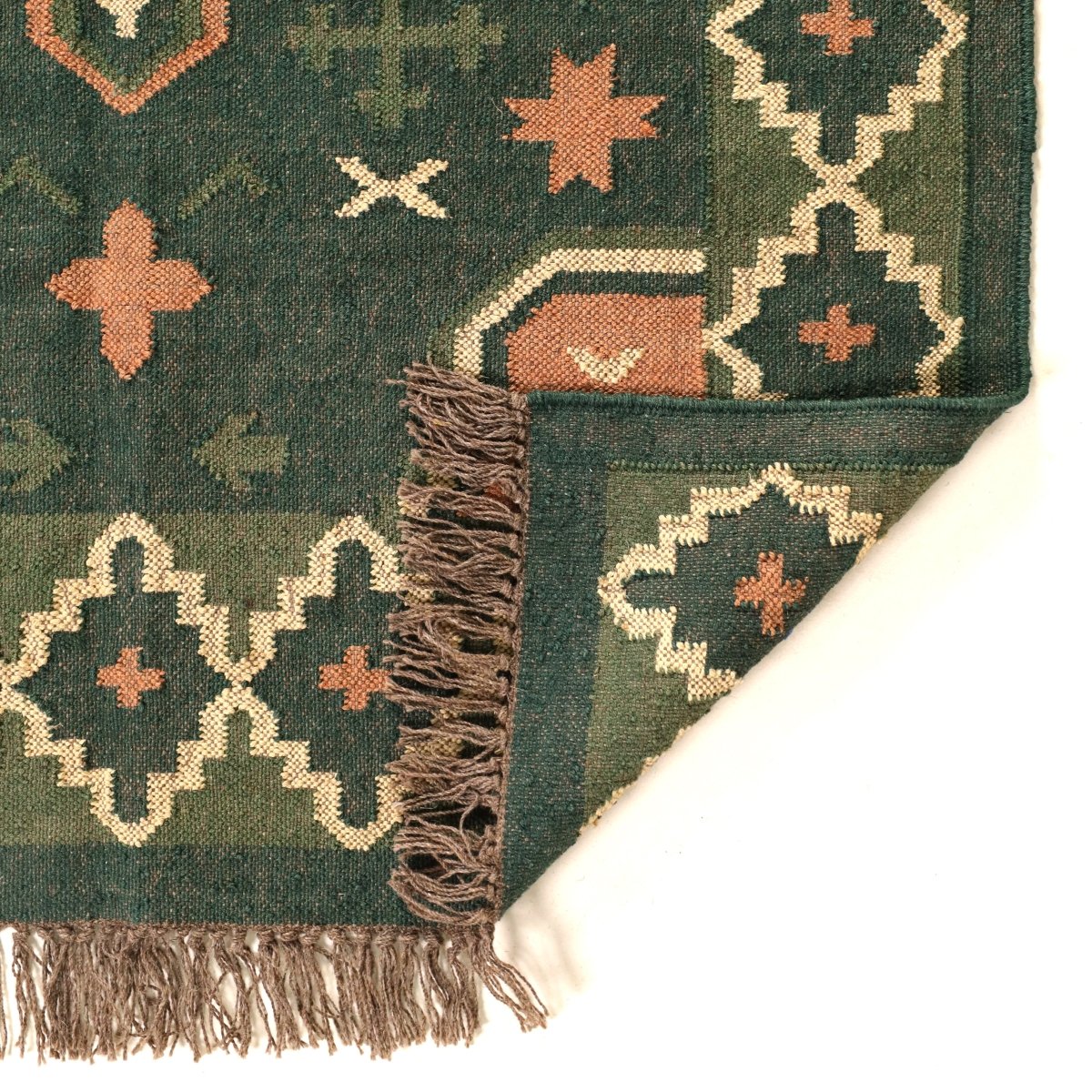 Green and Peach Cotton Block Printed Living Room Rugs. Best as bedroom rug as well.