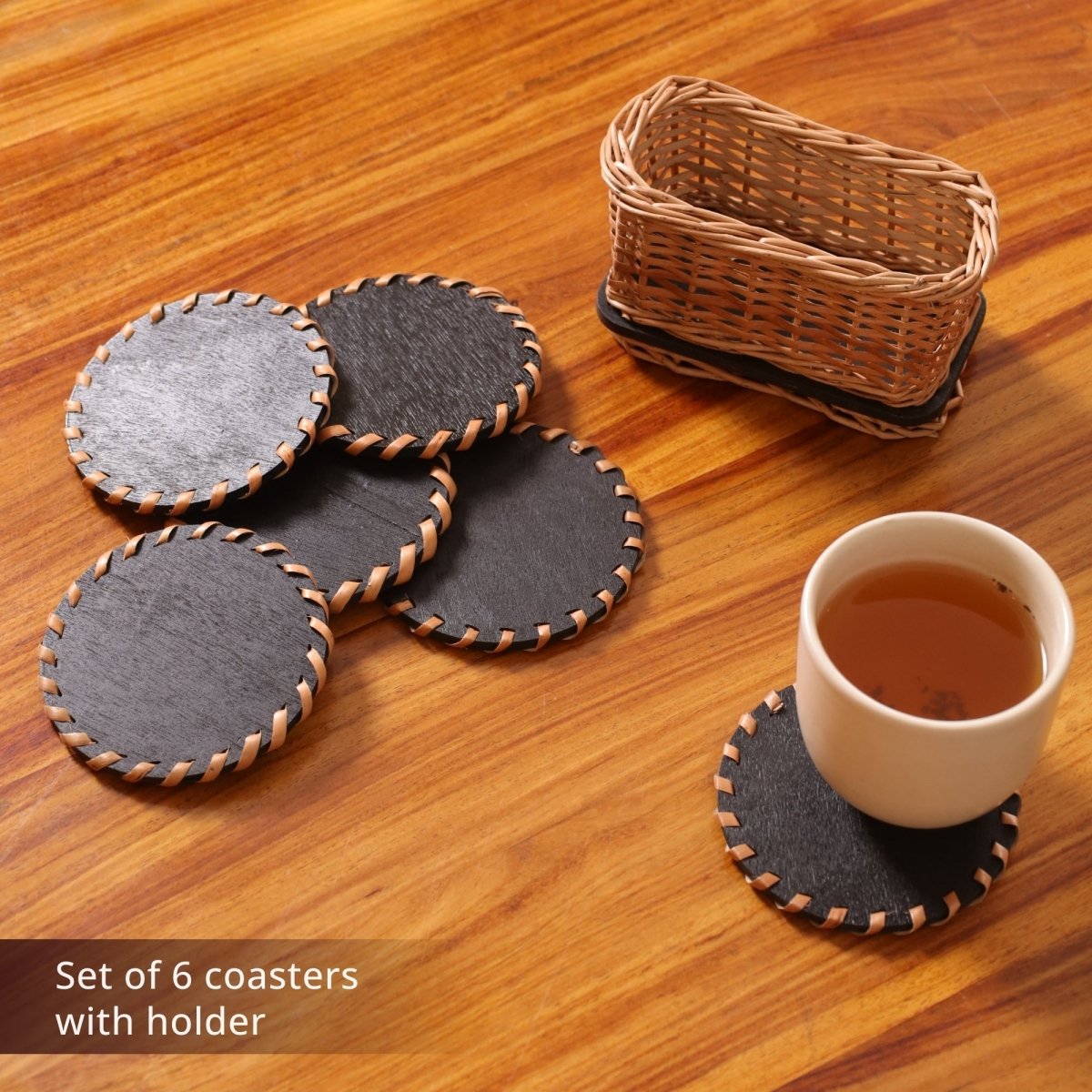 Coasters in Wicker and Wood | Set of 6 | Dining and Coffee Table | Eco friendly Heat resistant and Durable | Handmade in India - Set of 6