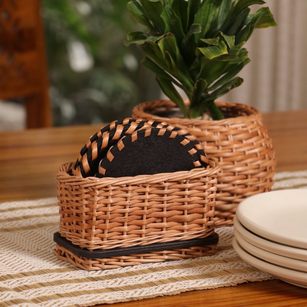 Coasters in Wicker and Wood | Set of 6 | Dining and Coffee Table | Eco friendly Heat resistant and Durable | Handmade in India - Set of 6