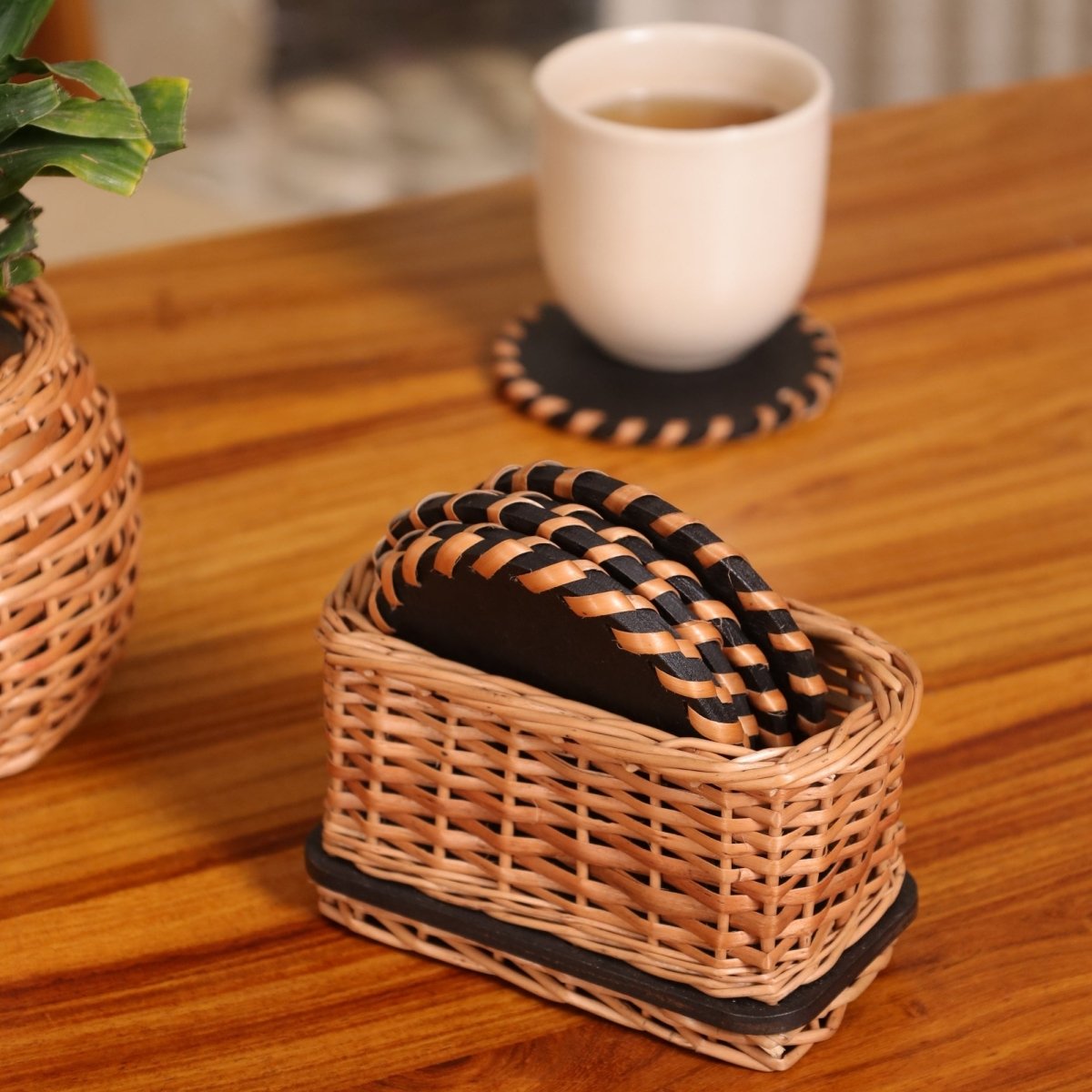 Coasters in Wicker and Wood | Set of 6 | Dining and Coffee Table | Eco friendly Heat resistant and Durable | Handmade in India - Set of 6