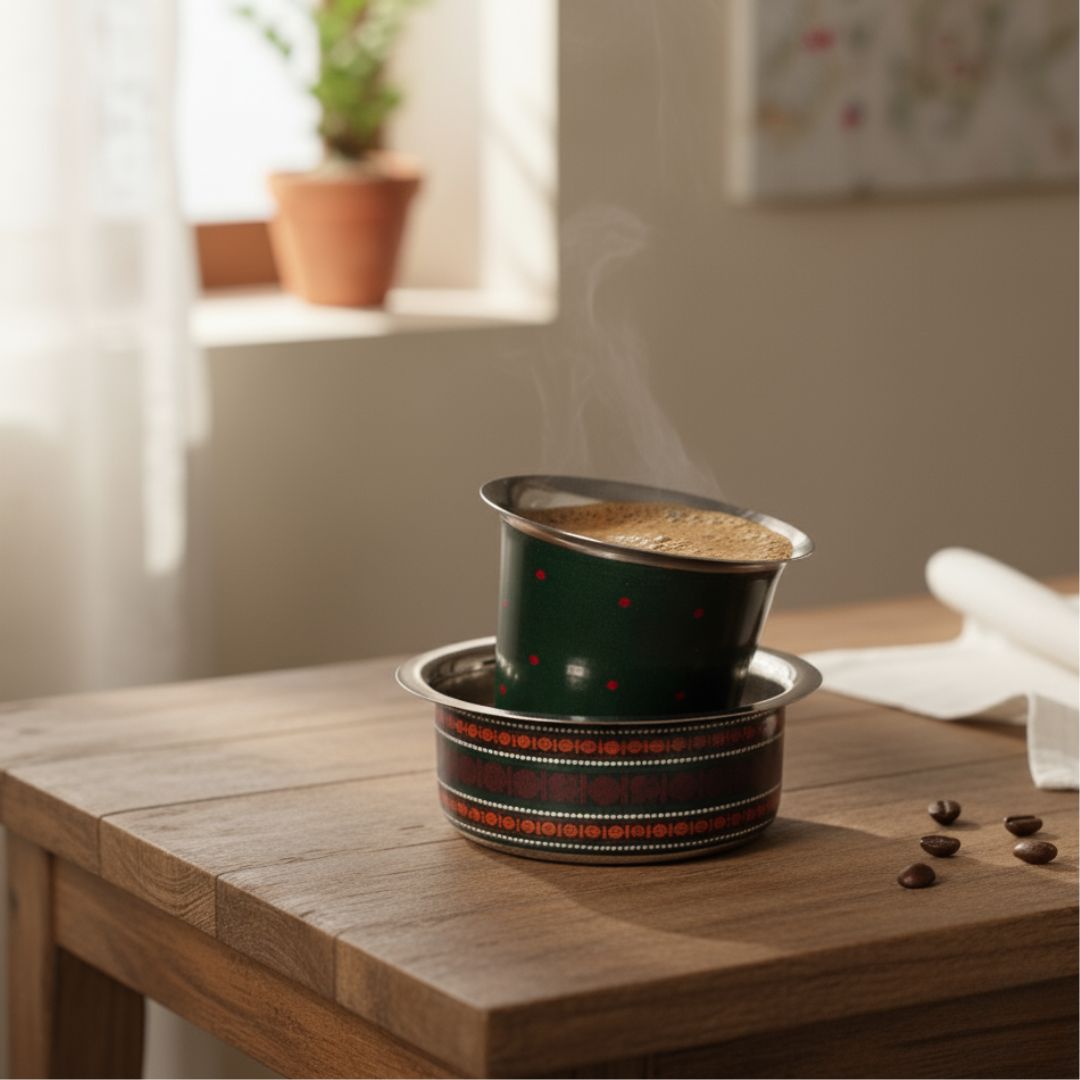Handcrafted pure brass kitchen masala box with Kanjeevaram-inspired etching, adding timeless Indian elegance.