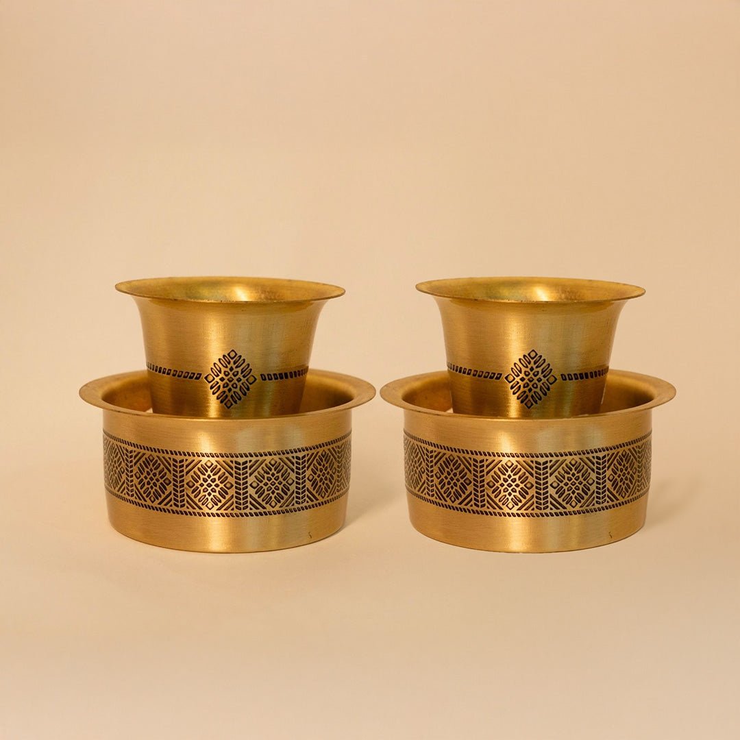 Handcrafted pure brass kitchen masala box with Kanjeevaram-inspired etching, adding timeless Indian elegance.