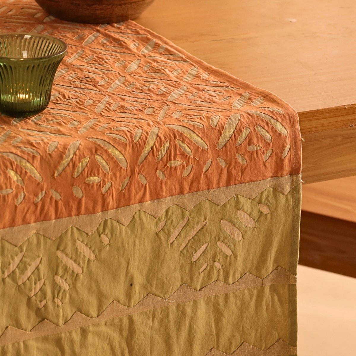 Coral & Sage Green Applique Cotton Dining Table Runner 15" x 60" Marigold Collection