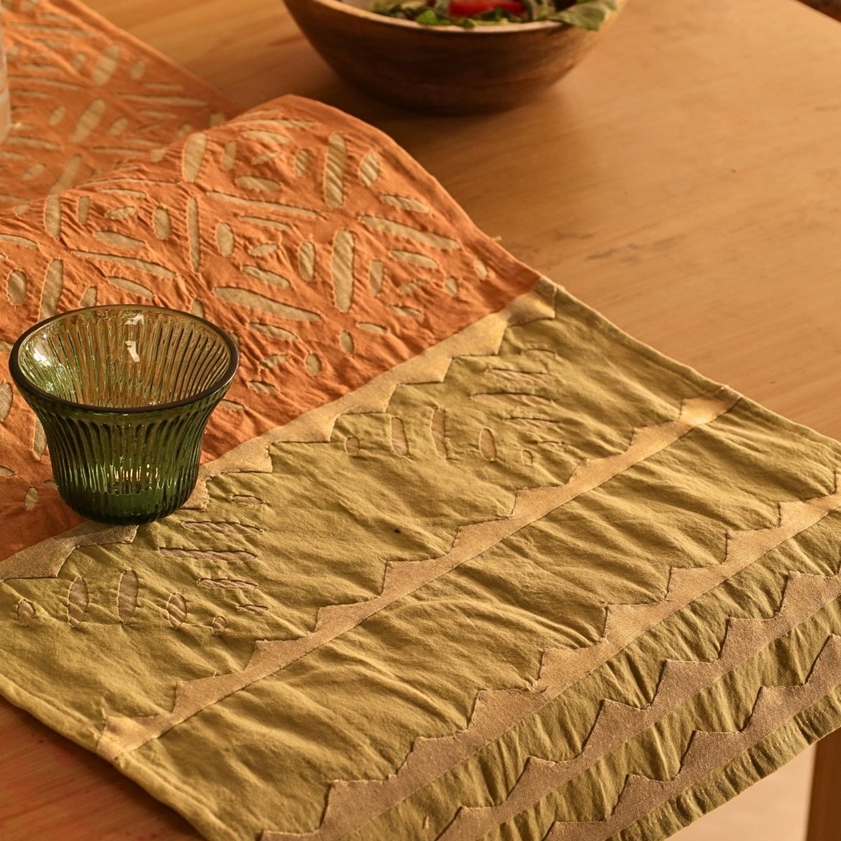 Coral & Sage Green Applique Cotton Dining Table Runner 15" x 60" Marigold Collection
