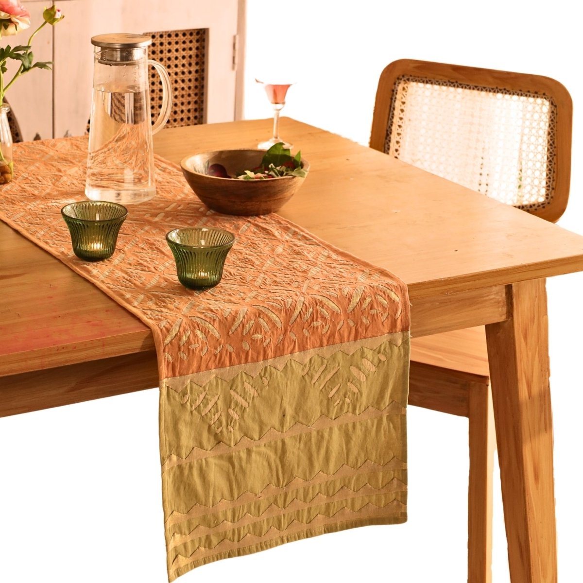 Coral & Sage Green Applique Cotton Dining Table Runner 15" x 60" Marigold Collection