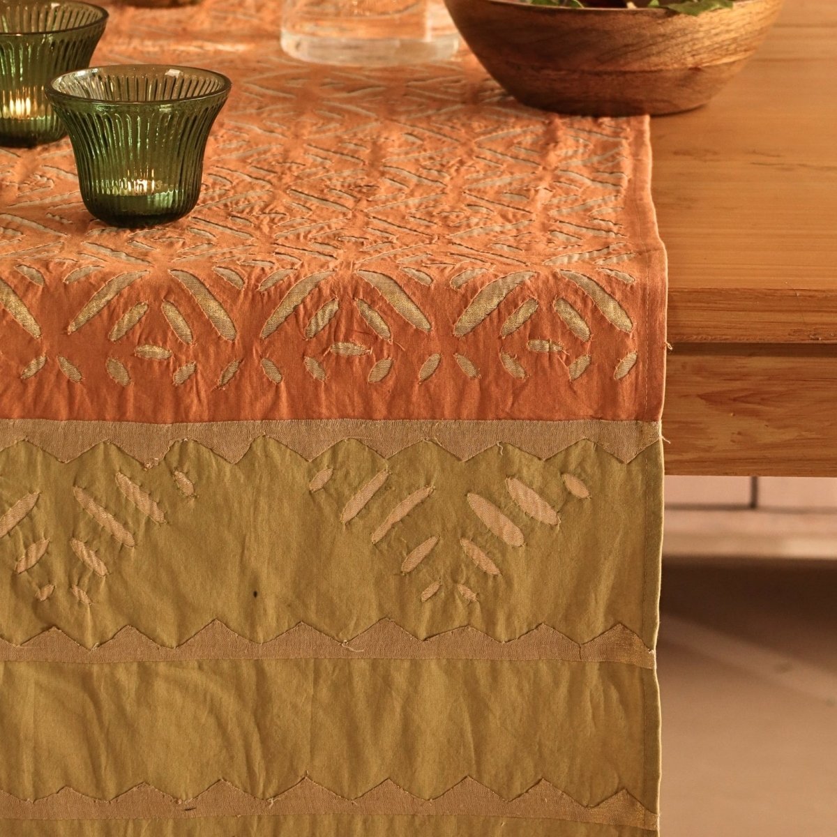 Coral & Sage Green Applique Cotton Dining Table Runner 15" x 60" Marigold Collection