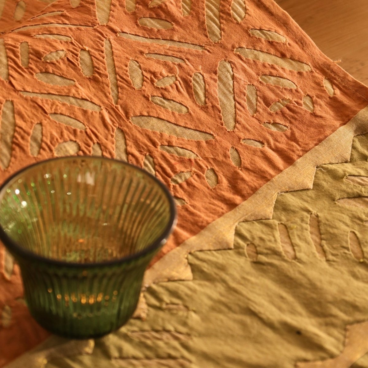 Coral & Sage Green Applique Cotton Dining Table Runner 15" x 60" Marigold Collection