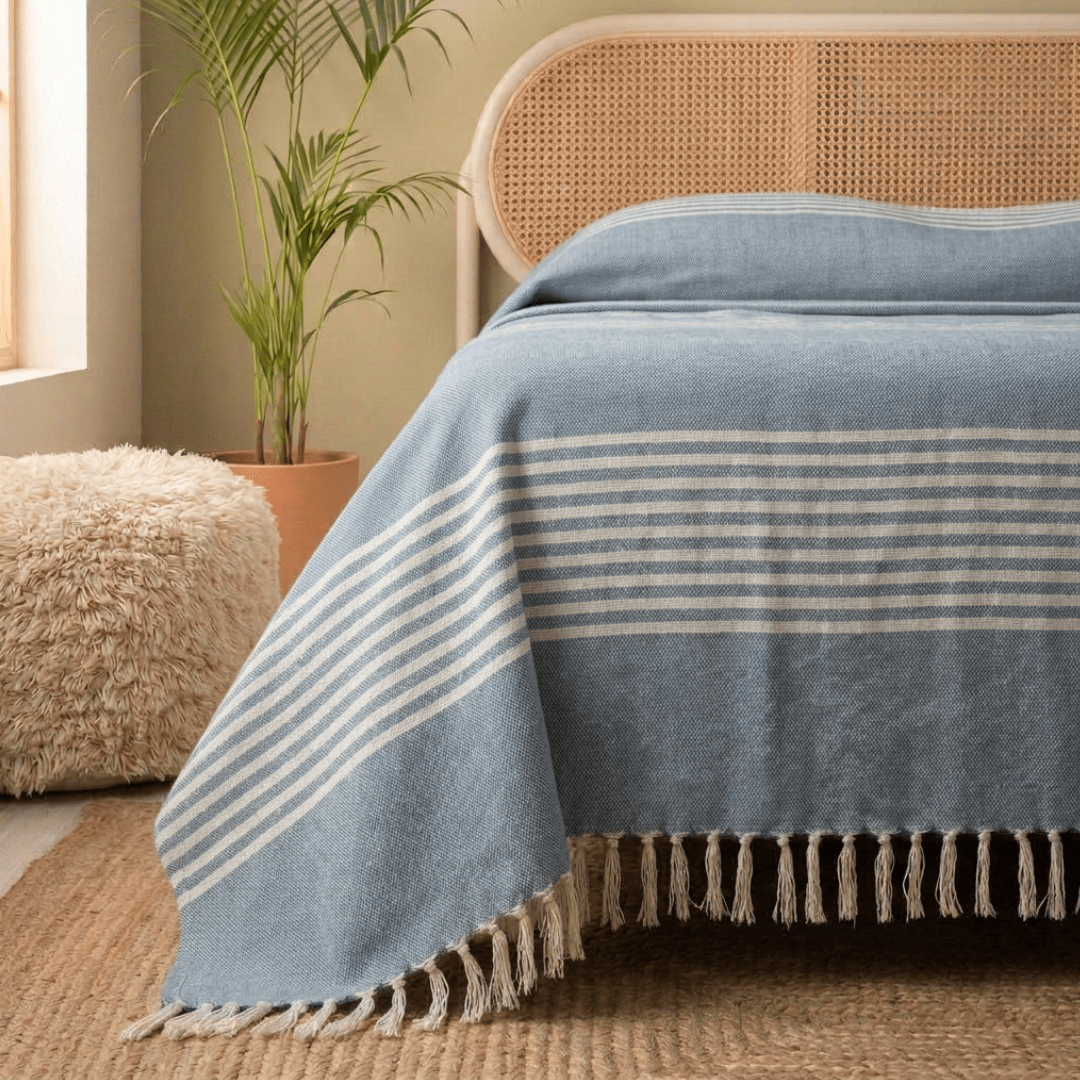 Cotton Bed Cover Handwoven in Blue and Off-white in a Striped design | Queen Size 90 x 108 inches