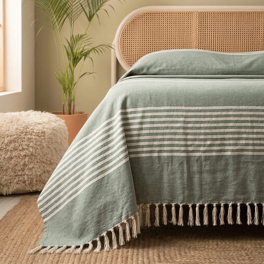 Cotton Bed Cover Handwoven in Green and Off-white in a Striped design | Queen Size 90 x 108 inches