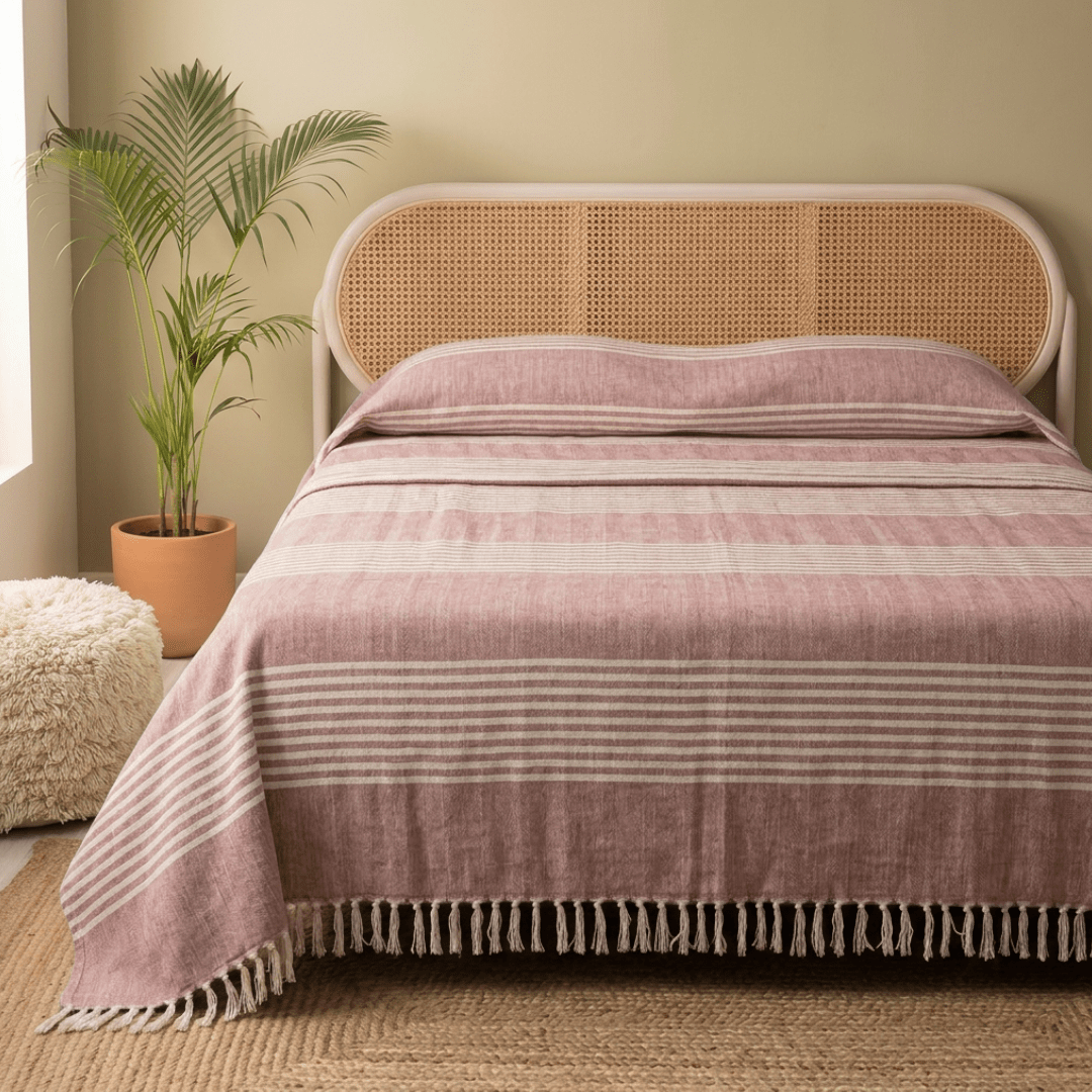 Cotton Bed Cover Handwoven in Pink and Off-white in a Striped design | Queen Size 90 x 108 inches