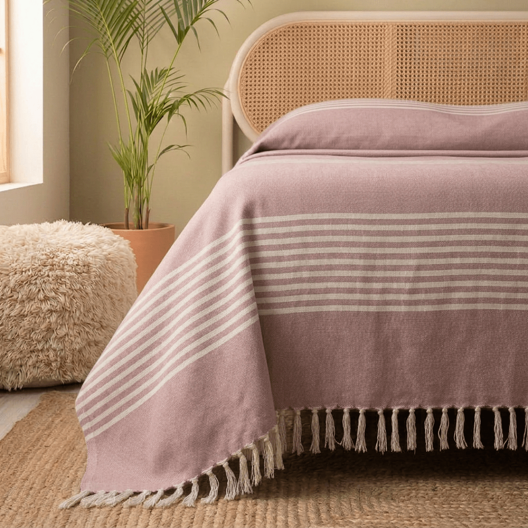 Cotton Bed Cover Handwoven in Pink and Off-white in a Striped design | Queen Size 90 x 108 inches