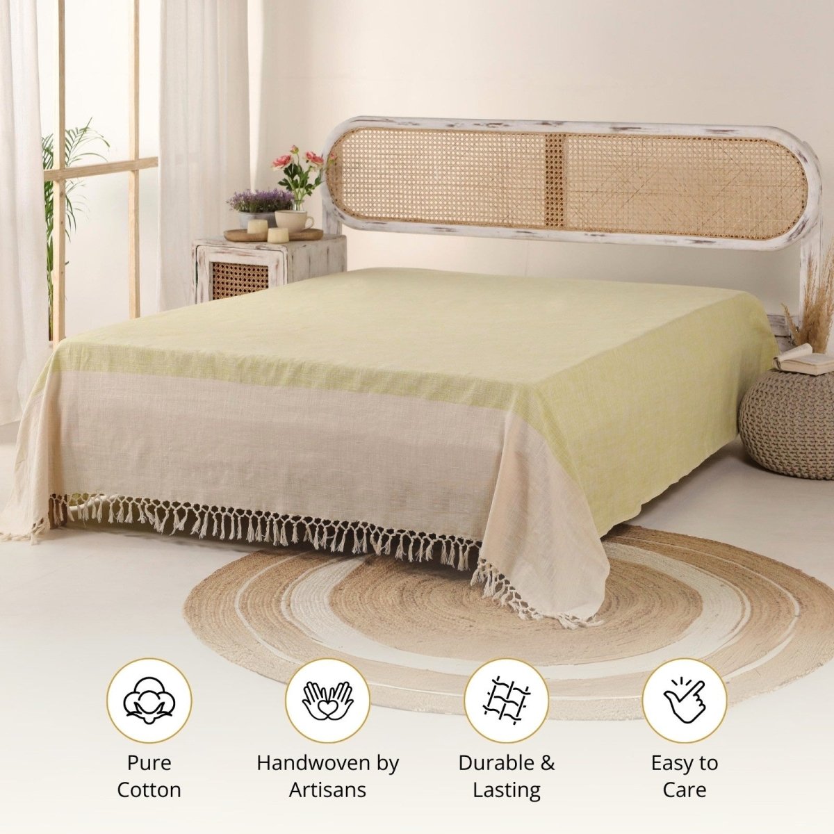 Beige And Leaf Green Pure Cotton Bedcover | Queen Size | Handprinted