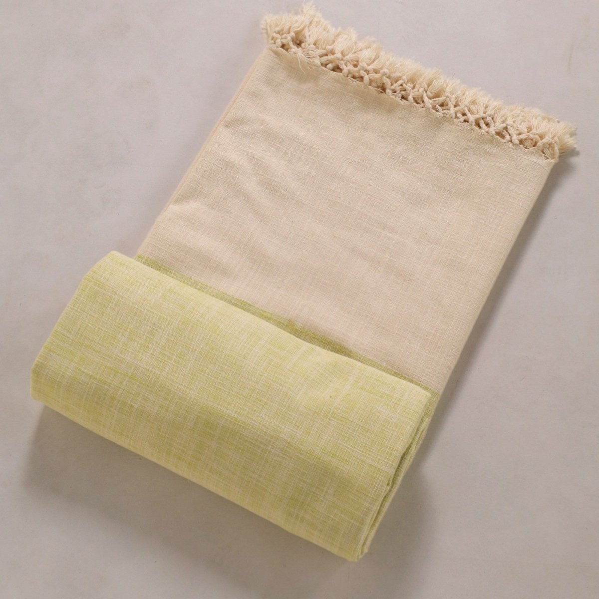 Beige And Leaf Green Pure Cotton Bedcover | Queen Size | Handprinted