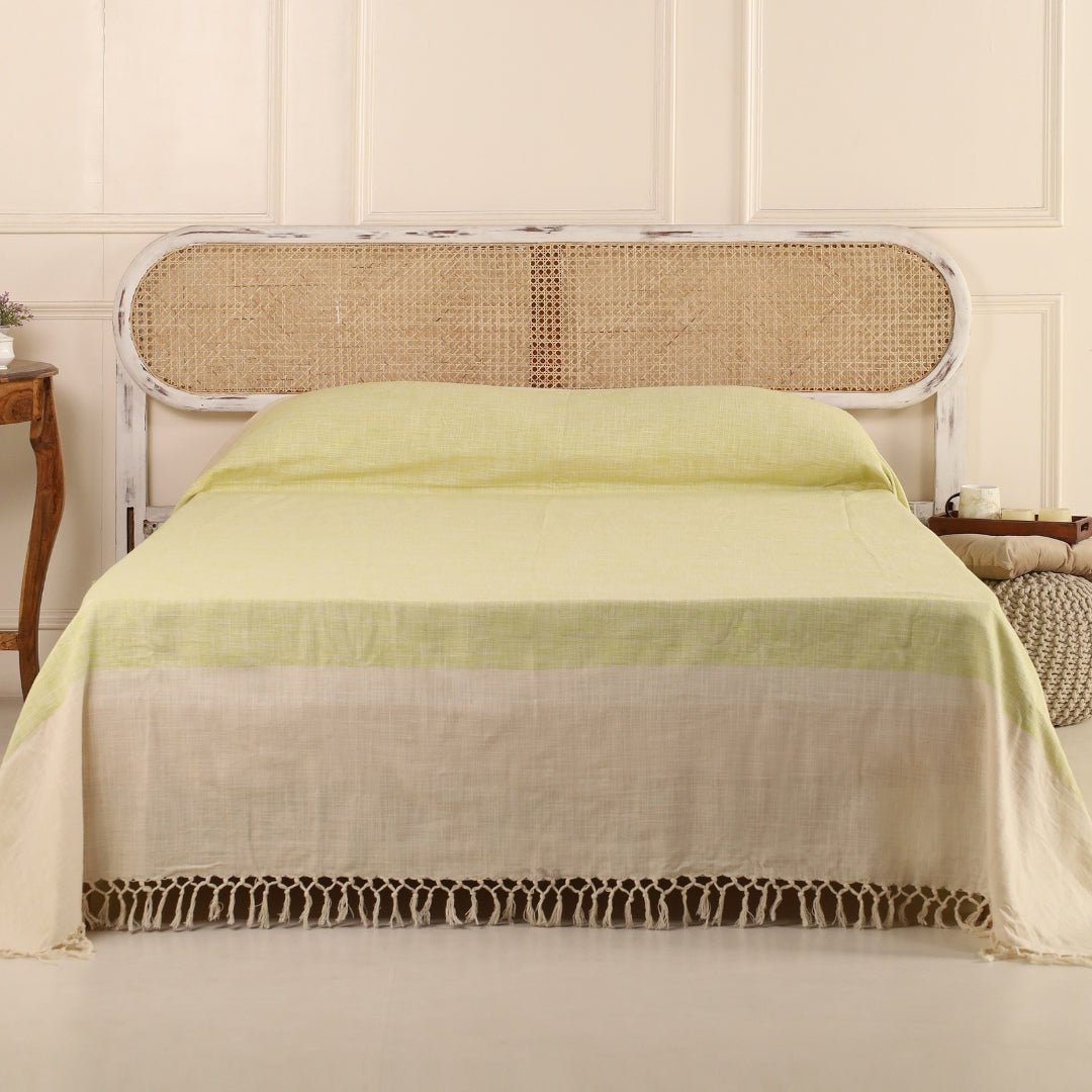 Beige And Leaf Green Pure Cotton Bedcover | Queen Size | Handprinted