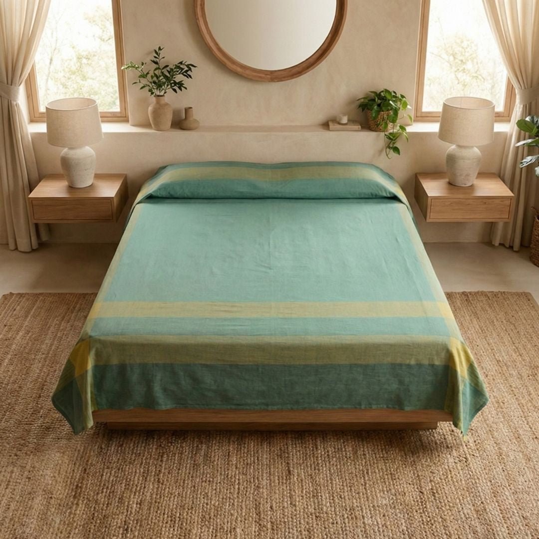 Teal Pure Cotton Bedcover | Single and Queen | Handprinted